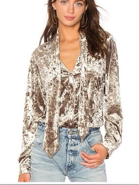 L’AGENCE Olive Green Gisele Neck Tie Crushed Velvet Blouse Long Sleeve Top Small